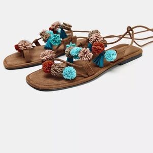 New ZARA Beaded Pom Pom Strappy Flat Sandal Sz 9